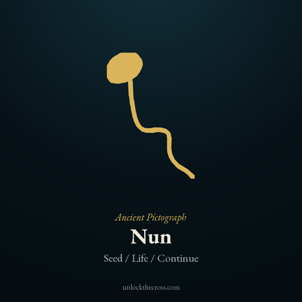 Nun pictograph — a sprouting seed, the original picture behind the Hebrew letter, meaning Seed / Life / Continue