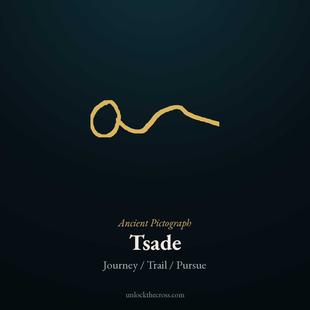 Tsade pictograph — a trail / fish-hook of pursuit, the original picture behind the Hebrew letter, meaning Journey / Trail / Pursue