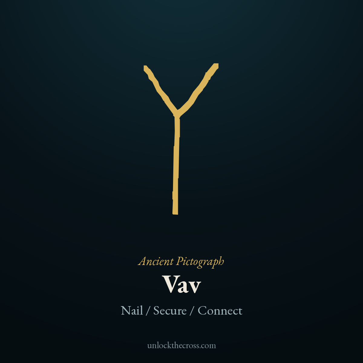 Vav pictograph — a tent peg or nail, the original picture behind the Hebrew letter, meaning Nail / Secure / Connect